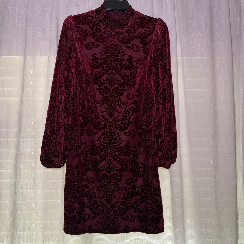 Vince Camuto Dress Womens 6 Burgundy Burnout Velvet Damask Mock Neck Mini Shift